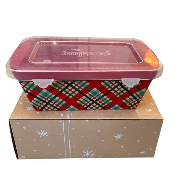 Temptations by Tara Mini Ceramic Loaf Pan w/ Lid 12oz Holiday Plaid Red Green - Picture 1 of 13